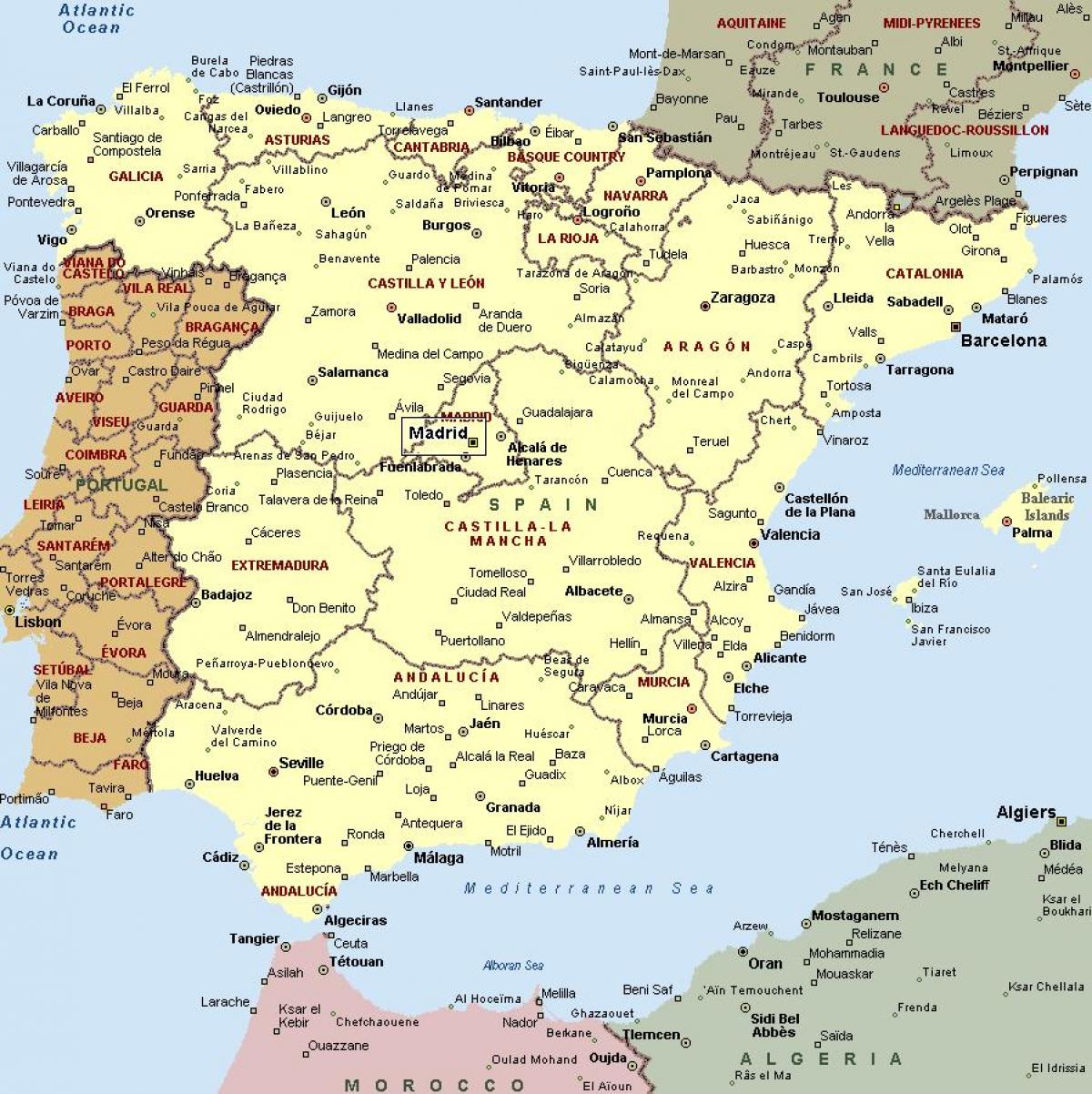 karta španjolske Karta Španjolske s gradovima karta Španjolske i gradova (Južna  karta španjolske